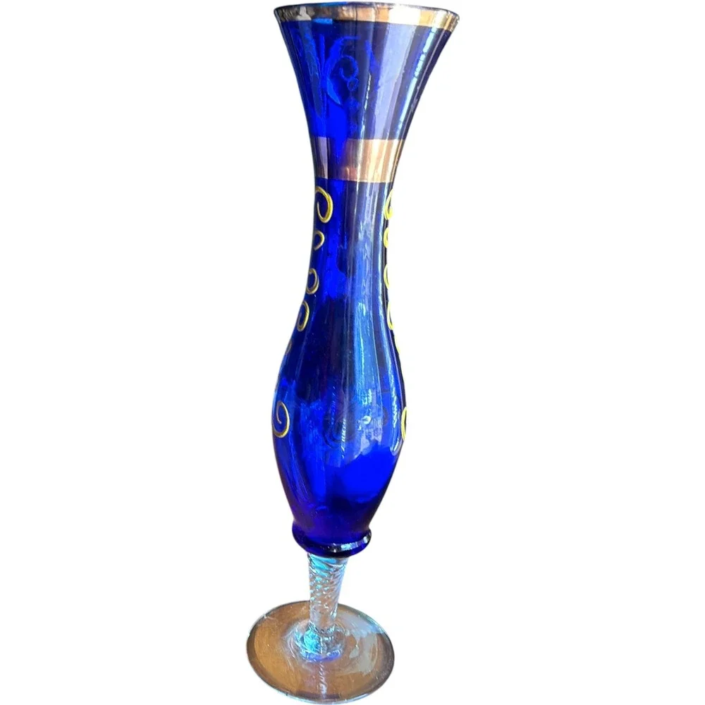 Vintage Cobalt Blue Glass Bud Vase Hand Painted Floral Gold Trim Murano Style